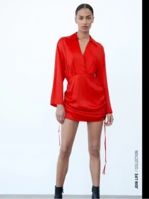 Zara Women’s Bright Red Long Sleeve Wrap-Style Mini Dress with Ruched Drawstring thumbnail 3