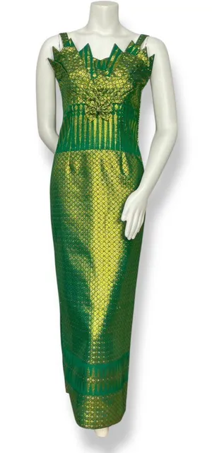 Origami Dress Formal Green Gold Mermaidcore Pointed Neckline‎ Sleeveless Women thumbnail 1