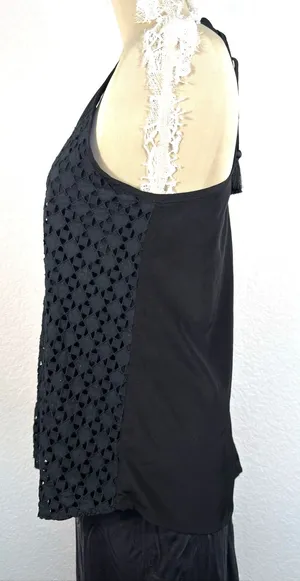 Athleta Dunes Eyelet Tank Top Women Small Black Tassel Tie Halter Boho Lace thumbnail 6