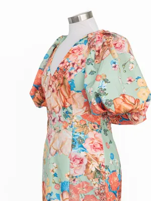 Jewel Badgley Mischka - Floral Puff-Sleeve Cocktail Dress thumbnail 6