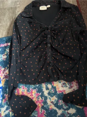 Maeve Anthropologie Ruched Button Front Top XL Black Tan Polka Dot Stretch thumbnail 10