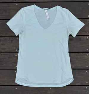 Light Green Lululemon Striped Mesh V-Neck Short Sleeve Shirt thumbnail 1