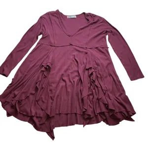 Free People Beach Womens Small Ruffle Tunic Top Long Sleeve Berry Wine V-Neck thumbnail 4