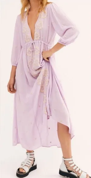 FREE PEOPLE Fable Lilac Blossom Embroidered Boho Gypsy Peasant Maxi Dress Large thumbnail 1