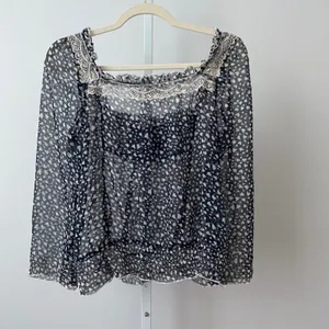 Do & Be Heart Print Lace Trim Babydoll Coquette Fairy Sheer Blouse S Navy thumbnail 3