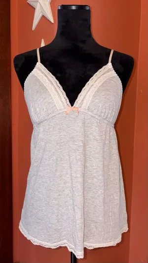 Y2K 2000’s Grey Lace-Trim Women's sleep Tank Top with Pink Bow thumbnail 1