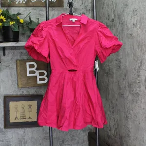 NWT And Now This Womens Cutout Fit & Flare Puff Sleeve Dress Pomegranate Red M thumbnail 2