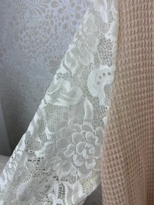 BiBi Beige and Cream Lace Sleeve Open-Front Waffle Knit Cardigan Top - Size - XL thumbnail 4