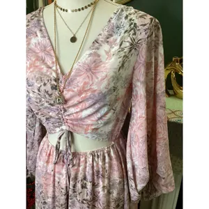 Entro Pink Floral Cutout Maxi Dress Balloon Sleeve V-Neck Boho D17638‎ Small thumbnail 2