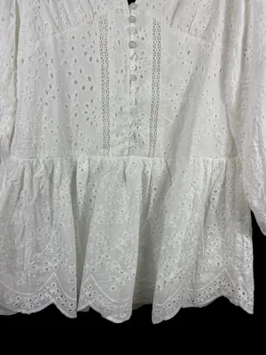 CIEN White Eyelet Button Babydoll Mini Dress M V-Neck Long Sleeve Cottagecore thumbnail 5