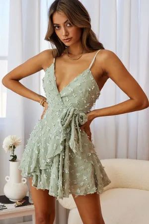 Selfie Leslie Sheri Embellished Chiffon Olive Wrap Mini Dress Medium New NWT thumbnail 1