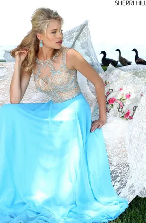 NWT Sherri Hill 50160 Light Blue Beaded Illusion Chiffon Gown Dress Size 2‎ thumbnail 1