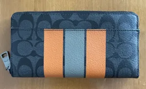 Coach Signature Accordion Zip‎ Around Wallet Charcoal Orange Large Striped NWT thumbnail 1