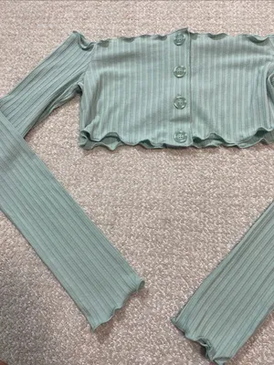 Ribbed Off-Shoulder Button Crop Top in Sage Green Size S Shell 91% Tencel thumbnail 10
