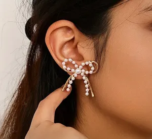 Double layer pearl & gold coquette bow earrings trendy bow earrings bow jewelry thumbnail 1