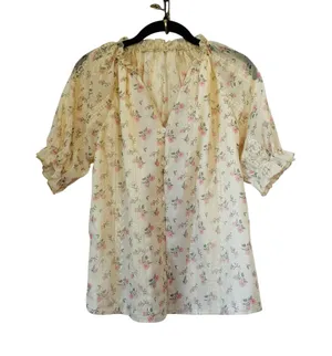Cream Pink Floral Embroidered Puff Sleeve Blouse Cottagecore Feminine Victorian thumbnail 1