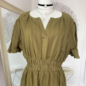 Chicwish Notch Neckline Floret Eyelet Shirred Cotton Dress in Olive XXL thumbnail 2