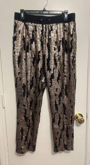 Hei Hei Anthropologie Sequin Drawstring Pants Joggers Gold Black Women's Size M thumbnail 1