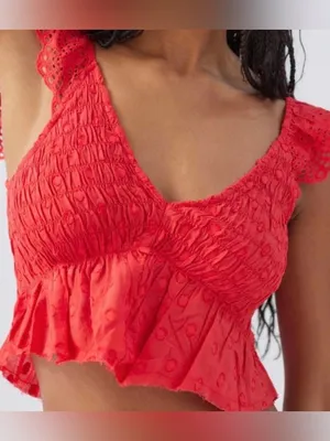 Urban Outfitters Red Ruffled Smocked V-Neck Crop Tank Size Medium thumbnail 3