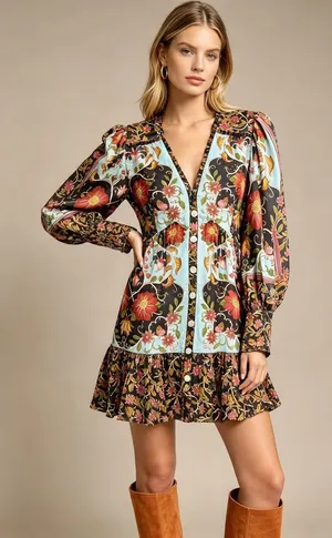 NWOT Farm Rio Floral Swans V-Neck Long Sleeves Mini Dress Size XS thumbnail 1