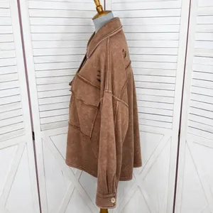Oddy‎ Shacket Jacket Women Medium Large Brown Distressed Jersey Knit Cropped thumbnail 2