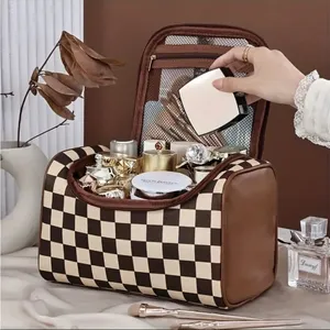 Brown Checker Faux Leather Cosmetic Makeup Bag Boxy Travel Case NWT thumbnail 5