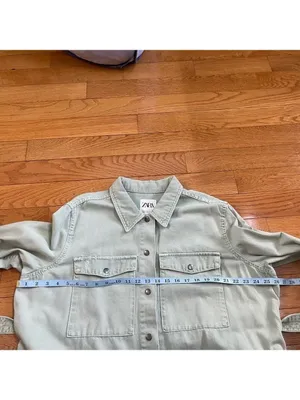 Zara denim belted cotton jean jacket sage green Sz XL thumbnail 9