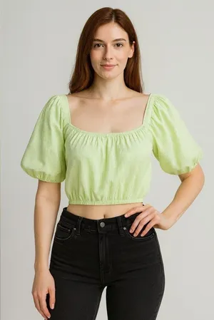 Copper Key Gingham Green Cropped Top with Puff Sleeves Size Small thumbnail 1