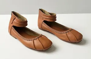 NEW ELF Muse Ankle Strap Leather Ballet Flats Dark Tan Braided Trim Zip Back 8.5 thumbnail 1