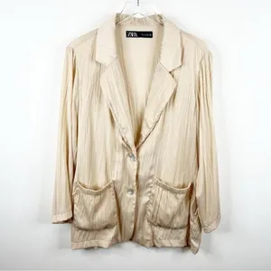 ZARA‎ Satin Crinkle Lightweight Blazer Women's Size S Cream Quiet Luxury thumbnail 2