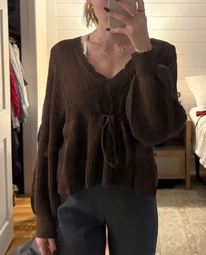 Women's Plain Drawstring Tie Front Scallop Trim Crop Knit Top Brown Size M thumbnail 3
