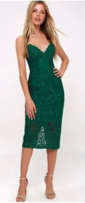 Bardot Gia Lace‎ Midi Dress Forest Green V-Neck Spaghetti Strap Womens Size 10/L thumbnail 1