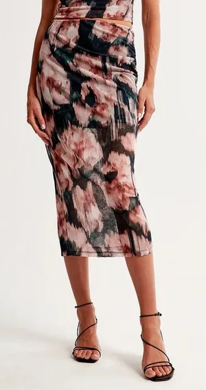 Abercrombie Floral Ruched Midi Skirt Women’s Medium Pink Black Bodycon thumbnail 1