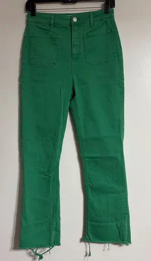 Zara Green High Rise Kick Flare Patch Pocket Pants Raw Hem Size‎ 6 thumbnail 1