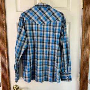 Wrangler Western Snap Shirt Plaid Long Sleeve Cowboy Blue White‎ Silver Treaded thumbnail 6