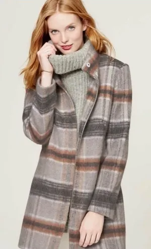 LOFT Plaid Wool Blend Funnel Neck Coat Gray Brown XS thumbnail 1
