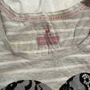 Victoria's Secret Gray Striped Long Sleeve pajama dress with Lace Heart thumbnail 2