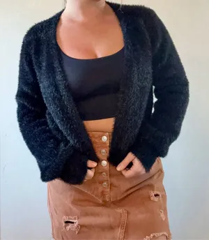 Lulus Black Fuzzy Eyelash Knit Cropped Open Front Cardigan Size Small thumbnail 1