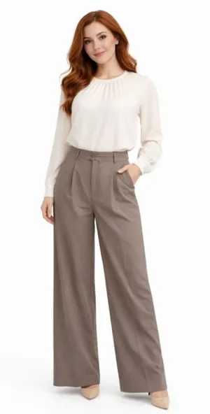 Pleated Wide-Leg High Waist Pants in Taupe thumbnail 1
