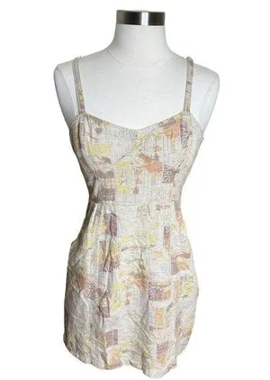Urban Outfitters Mini Dress Womens Small Neutral Linen Sweet On You Paris Prints thumbnail 2