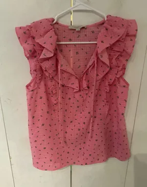 LOFT Pink Ruffle Cap-Sleeve Blouse thumbnail 1