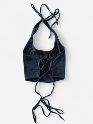 Shein lil black strappy neck tie Halter Cami Top with back lace- up closure xs thumbnail 2