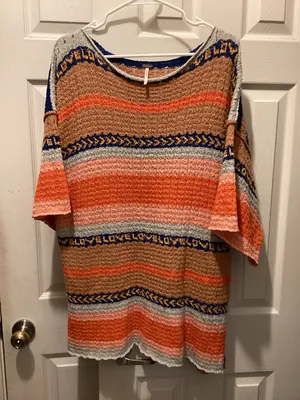 Free People Open-Knit Stripe Sweater in Coral, Navy & Light Gray thumbnail 1