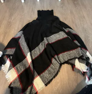 Lulus Turtleneck Plaid Poncho Sweater - Black/Gray/White/Red thumbnail 1