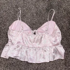 Blue Blush pink satin top with white leopard print, size S thumbnail 3