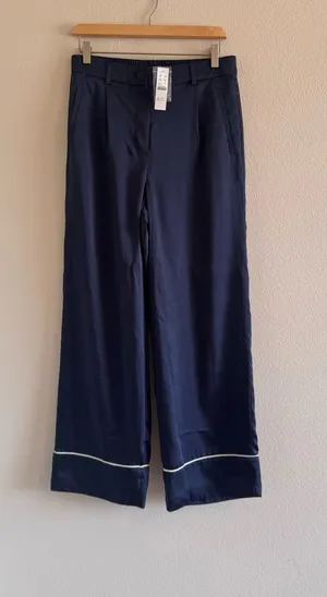 NWT J. Crew Navy Wide-Leg Satin Pants with Cream Trim thumbnail 1