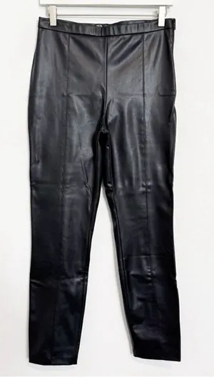 Zara Pants Size Large Black Faux Leather Split‎ Back Hem Pull On Mob Wife Glam thumbnail 1