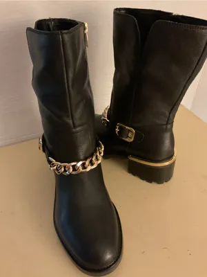 Vince Camuto women Black Leather biker moto Mid-Calf with Gold Chain boots US 8 thumbnail 2