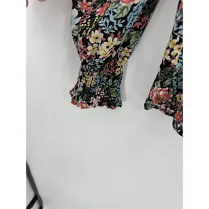 Loft Women Blouse Black Floral Ruffle Sheer Size Medium Dark Feminine‎ Smocked thumbnail 3