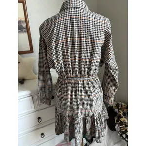 Plaid Mini Shirt Dress Gingham Ruffle Hem Button Down Long Sleeve Tiered Casual thumbnail 5